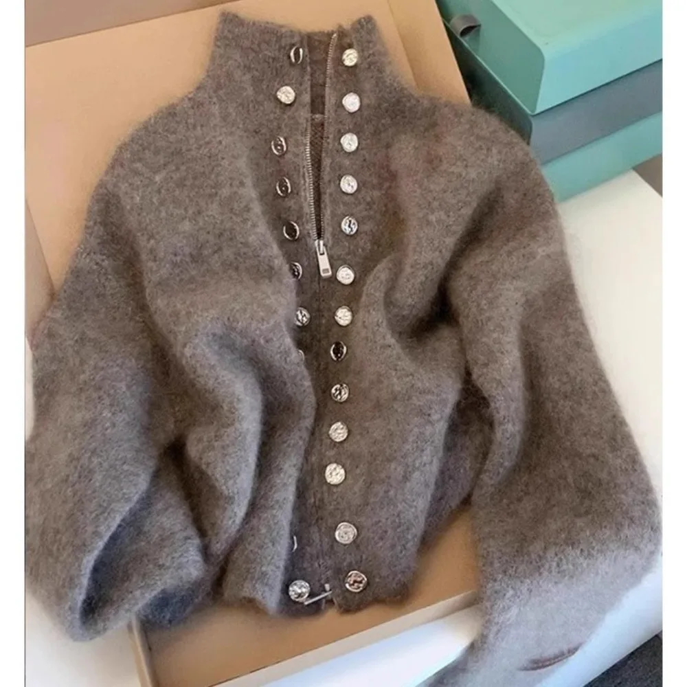 

Double Breasted Stand Up Collar Sweater Jacket for Women in Autumn Winter Thick Luxurious Lazy Zipper Knit Sweater Top