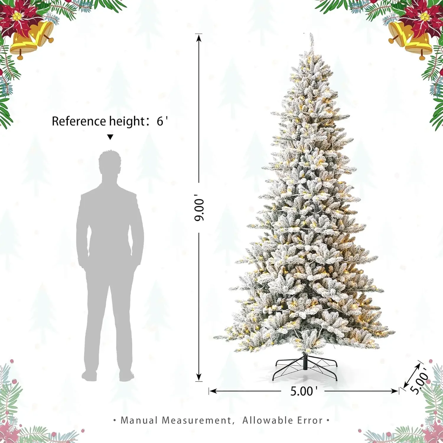 9 Fuß vorlich beleuchteter künstlicher Weihnachtsbaum aus geschneedeflockter Tanne mit einfach zu montierendem Metallständer