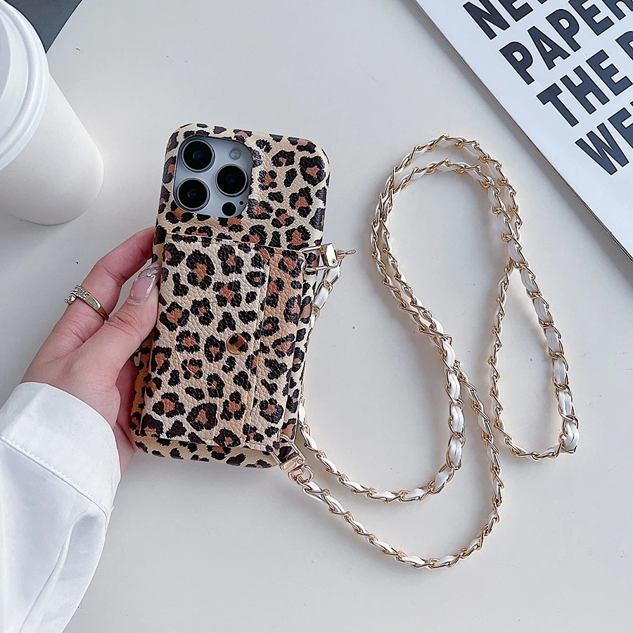 

Luxury Crossbody Leather Wallet Case For iPhone 16 15 14 Plus 13 12 Pro Max With Card Holder Mirror Lanyard Leopard Grain Cover