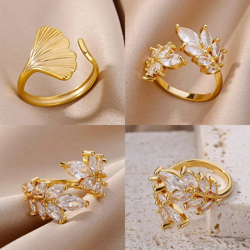 Zirkon Weizen Ringe Für Frauen Gold Farbe Edelstahl Einstellbare Weizen Ring Ästhetische Hochzeit Weihnachten Schmuck Geschenk