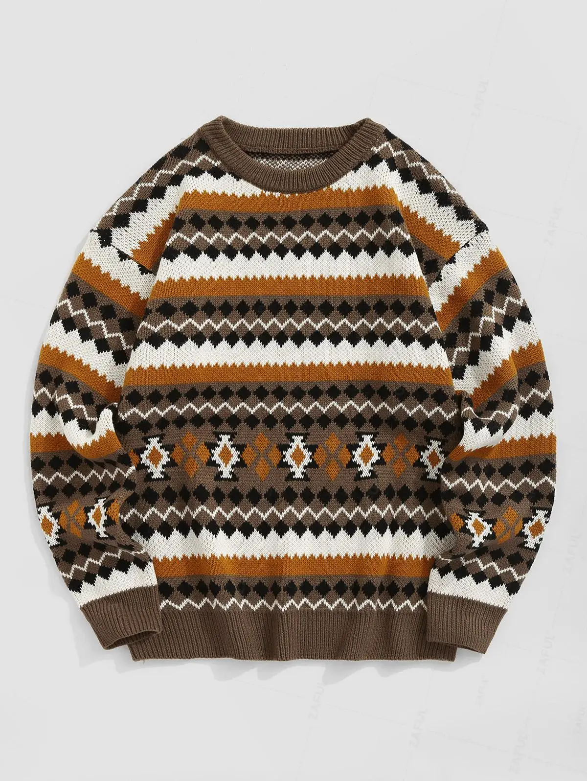 

ZAFUL Men's Ethnic Aztec Printed Knitted Round Neck Pullover Sweater