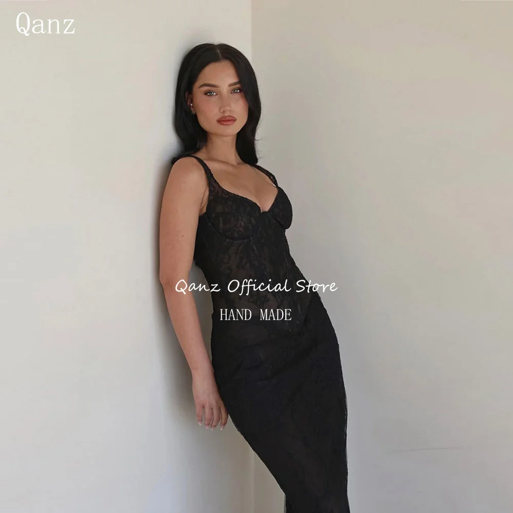 

Qanz Black Lace Appliques Prom Dresses Mermaid Spaghetti Straps Dress Woman Elegant Party Wedding Evening Gowns Customized