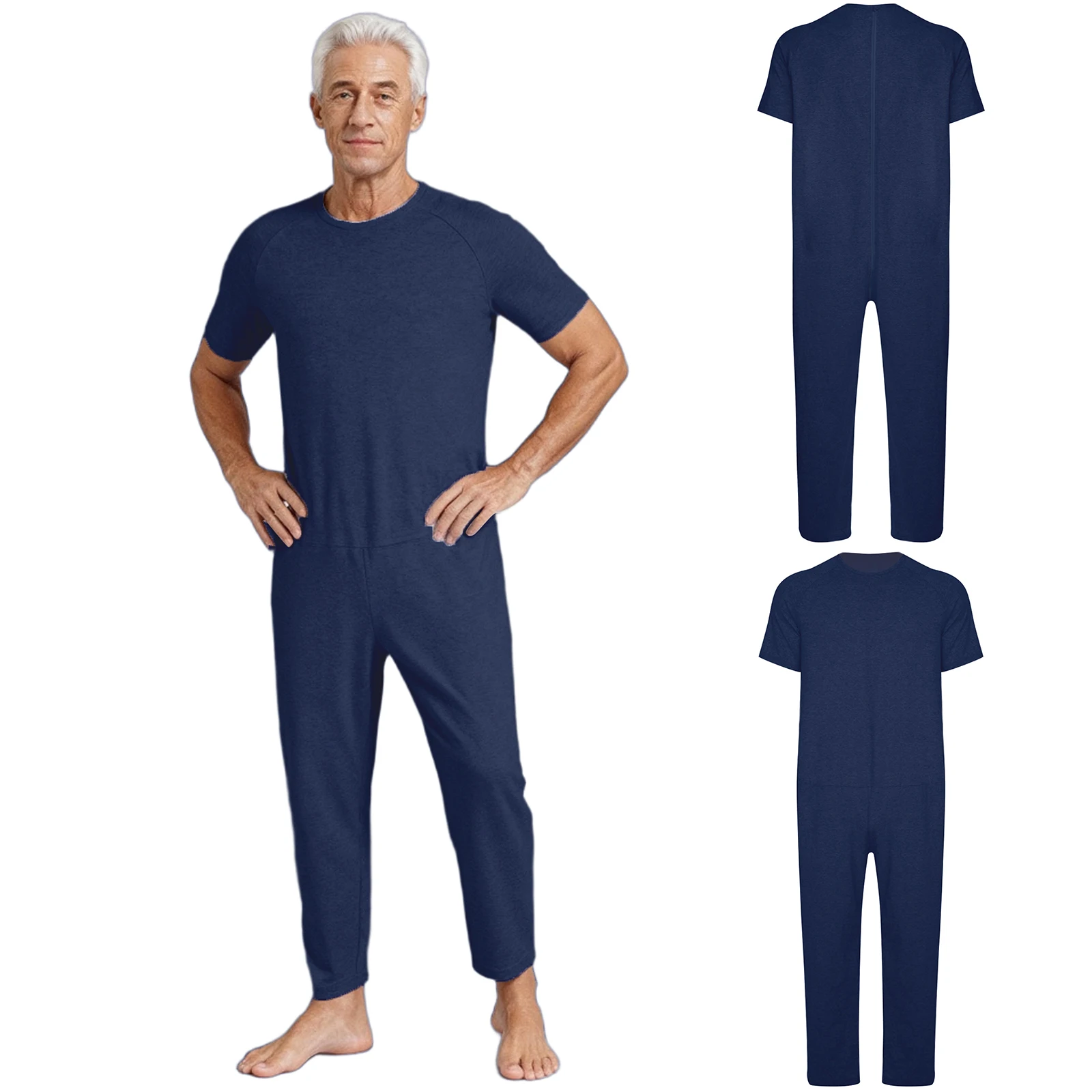 

Adults Men Adaptive Clothing Round Neck Short Sleeve with Back Zip-Up Design Jumpsuit for Dementia Elderly And Special Needs