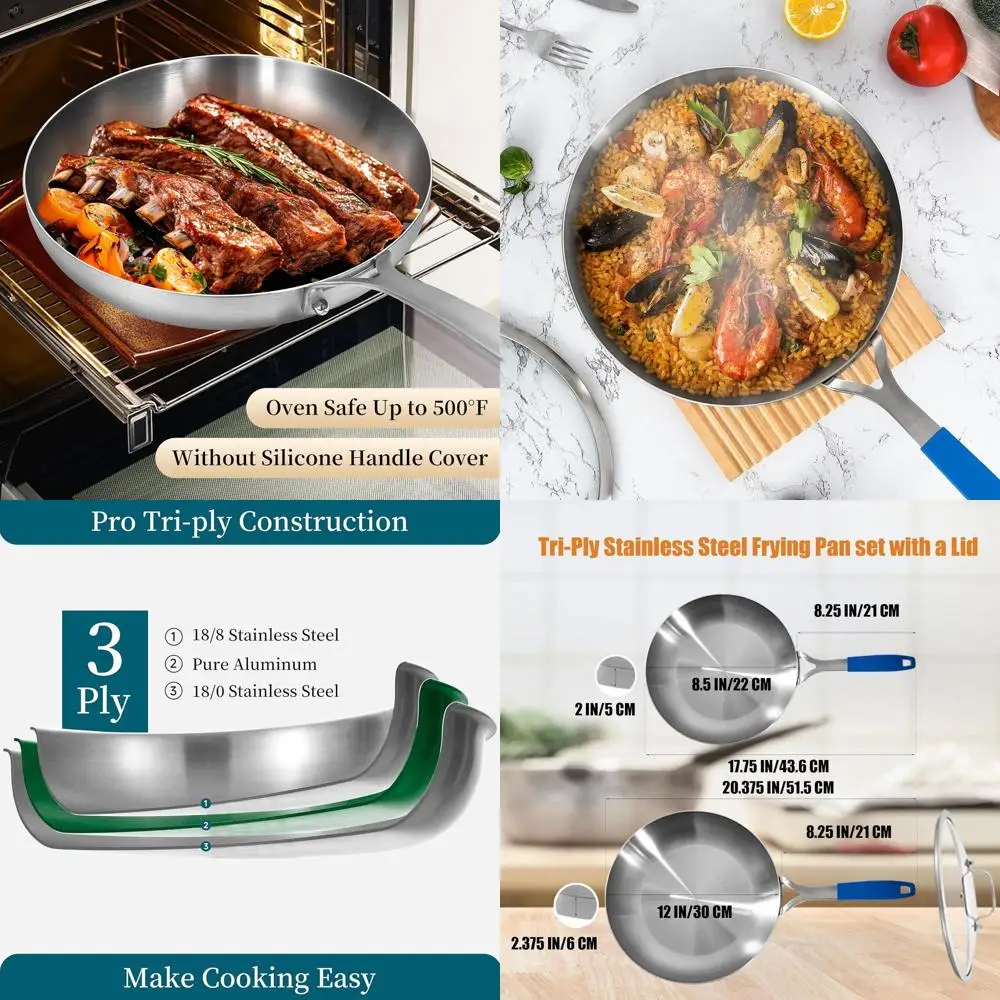 

8.5-12 Inch Tri-Ply Stainless Steel Frying Pan Set with Lid, Skillets, Induction-Ready, Oven and Dishwasher Safe, Removable Hand