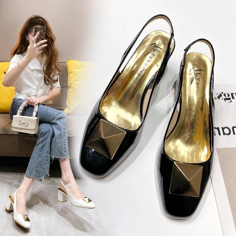 2024New Style Women Patent Leather Slingbacks Square Toe Pumps Thick High Heel Buckle Metal Decorations Fashion Shoes