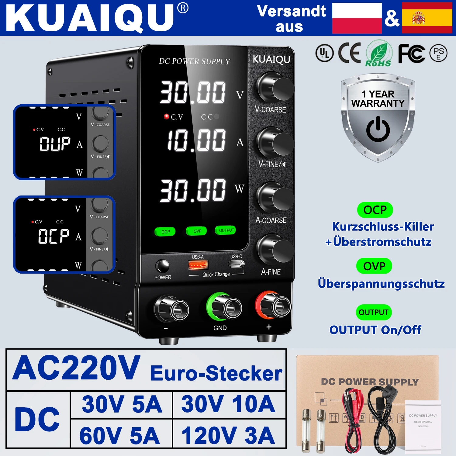 Offizielle KUAIQU labornetzteil, variabel und regelbar 30V/60V/120V, Labornetzgerät mit OCP/OVP/Ausgang/Encoder, zwei Modelle verfügbar, Lieferung innerhalb von 5 Tagen