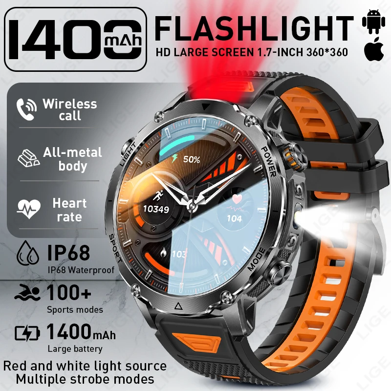 

Смарт-часы LIGE для мужчин, 1400 мАч, экран 1,7 дюйма, Bluetooth-вызовы, голосовой помощник, спортивные часы для фитнеса, водонепроницаемые IP68, 2026