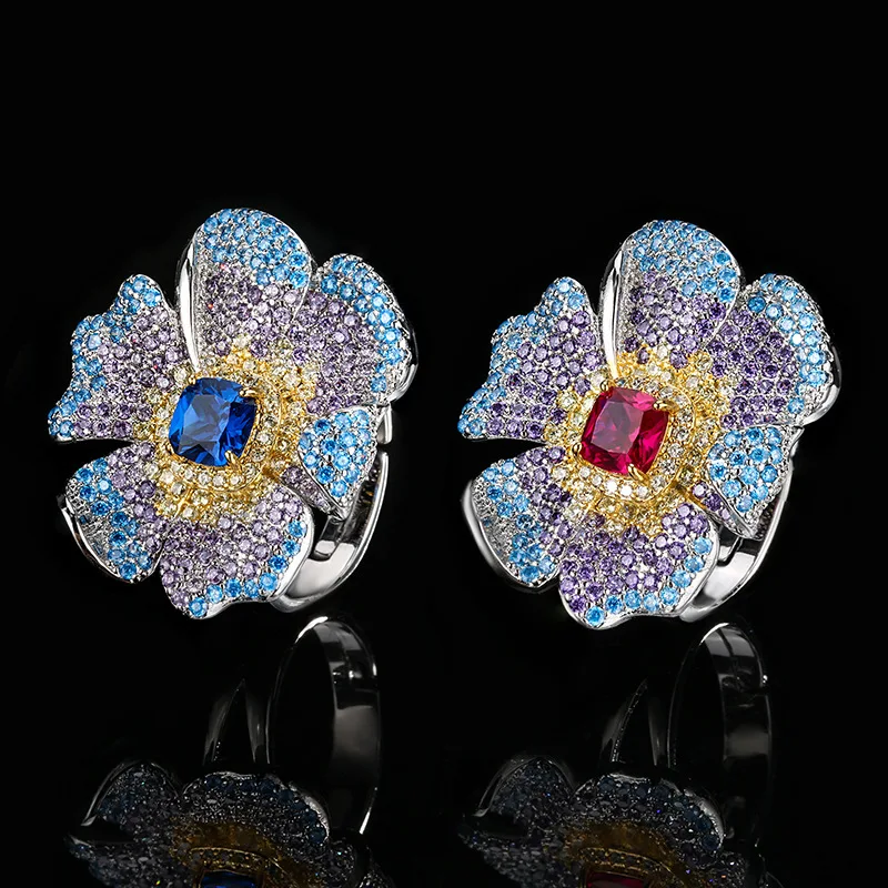 

Adjustable Camellia Flower Ring 6mm Cocktail Ring Colorful Purple Blue Pink Gemstone Floral Jewelry for Women Party Wedding Gift