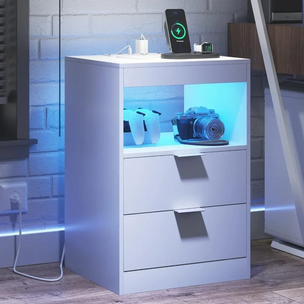 

LED Nightstand with Wireless Charging Station, Bedside Table with LED Lights, End table with 2 Drawers, 1 Pull-Out Tray and Open