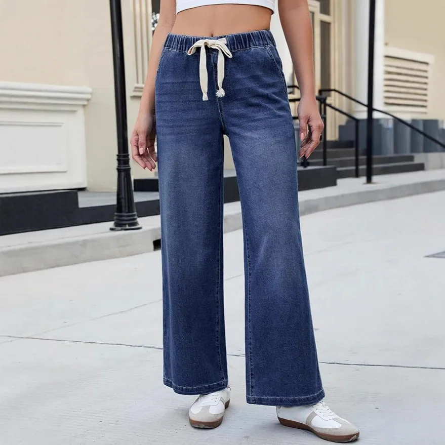 Elastic Waist High Waist Wide Leg Jeans For Women Loose Straight Blue Long Denim Pants Female Fashion Streetwear Jeans Trousers