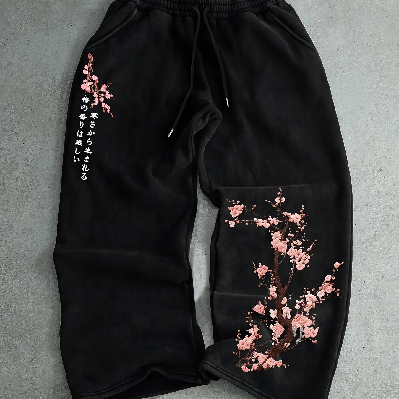 Pantalones deportivos para hombre con estampado japonés de flor de ciruelo desgastado, cintura elástica con lazo, pantalones cómodos