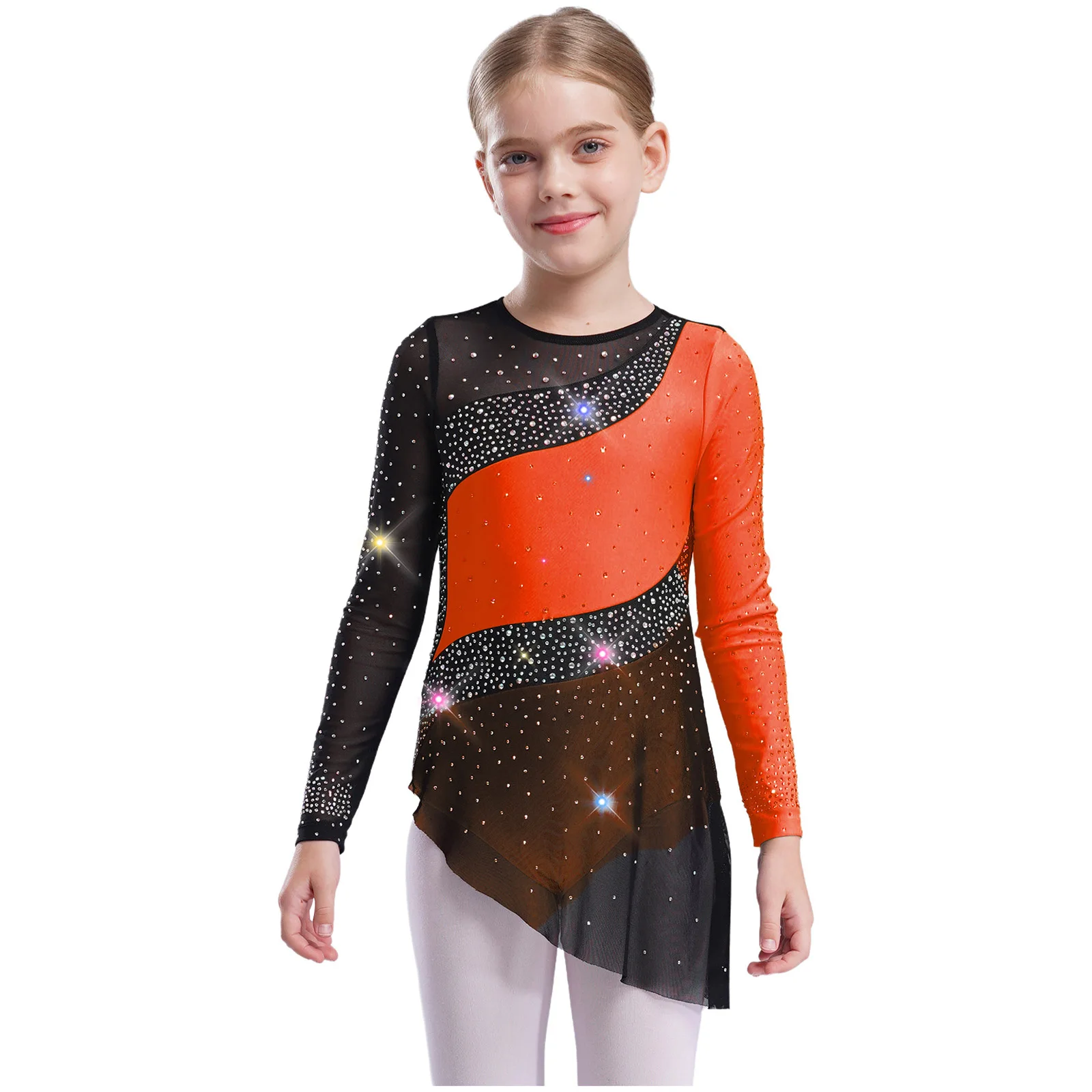 Kids Girls Rhythmic Gymnastics Leotard Dress Sparkling Rhinestones Long Sleeve Sheer Mesh Patchwork Color Block Dance Dresses
