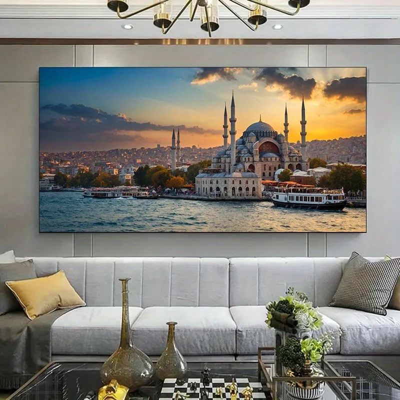 1 قطعة 27.55x55.11 بوصة بدون إطار الحديثة اسطنبول الغروب الأزرق المسجد و البوسفور قماش جدار الفن-ناظر طبيعية تركية نابضة بالحياة باي