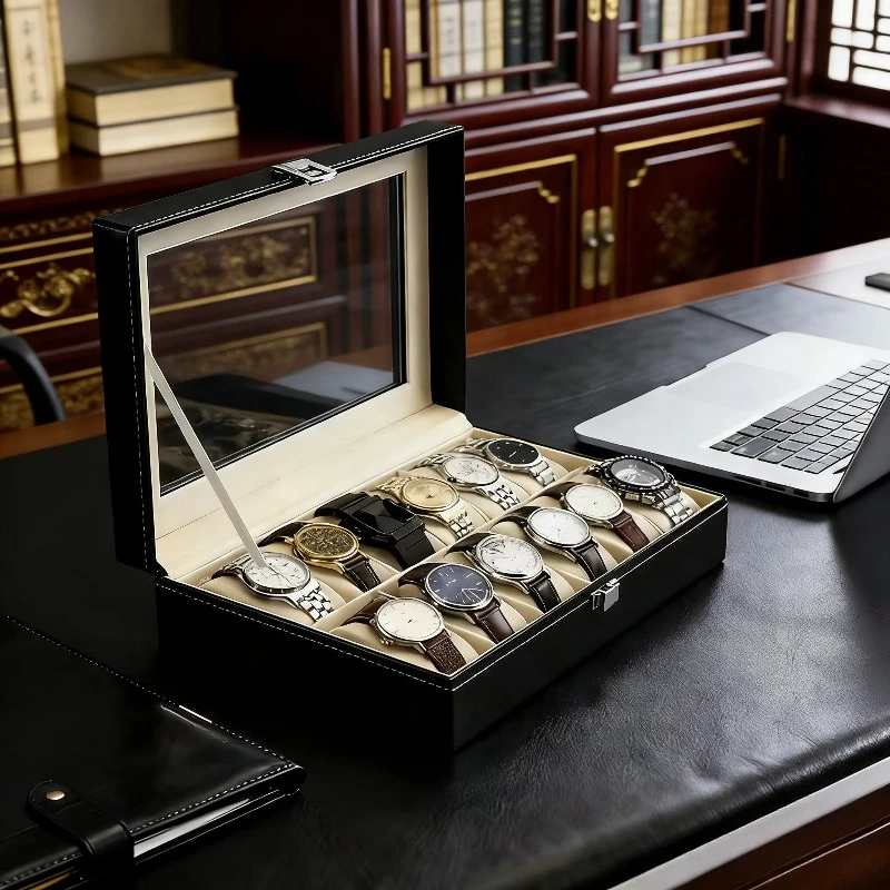 12-Compartment Thick Faux Leather Watch Box With Display Lid,Dust-Proof And Protective Design With Removable Padding