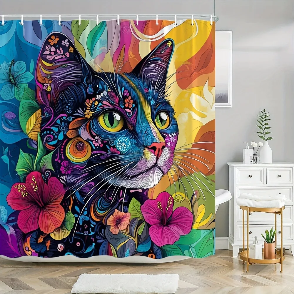 

Мультяшный кот с цветами, моющаяся грязеотталкивающая занавеска для душа, насадка для душа, водонепроницаемая полиэстеровая занавеска для ванны для домашнего декора