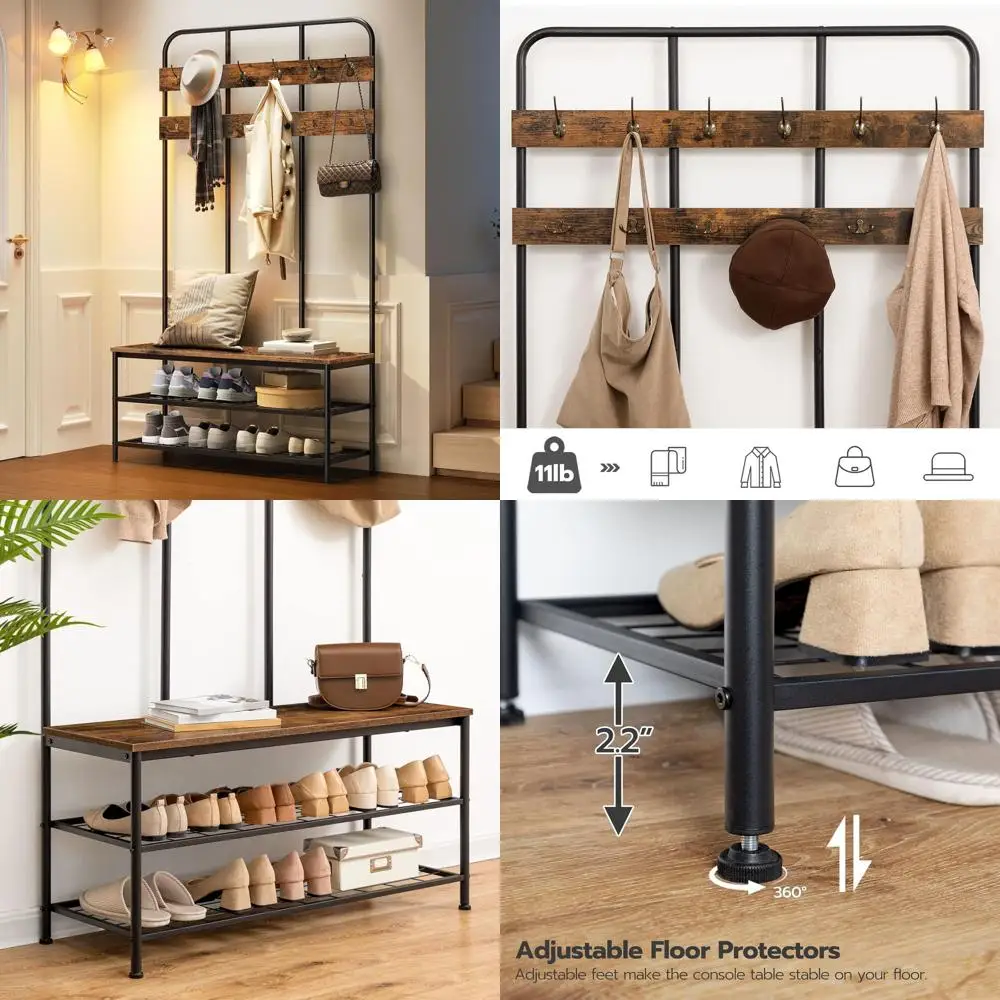 

Rustic Brown Entryway Bench with Coat Rack, 12 Hooks, Shoe Storage for Foyer and Front Door