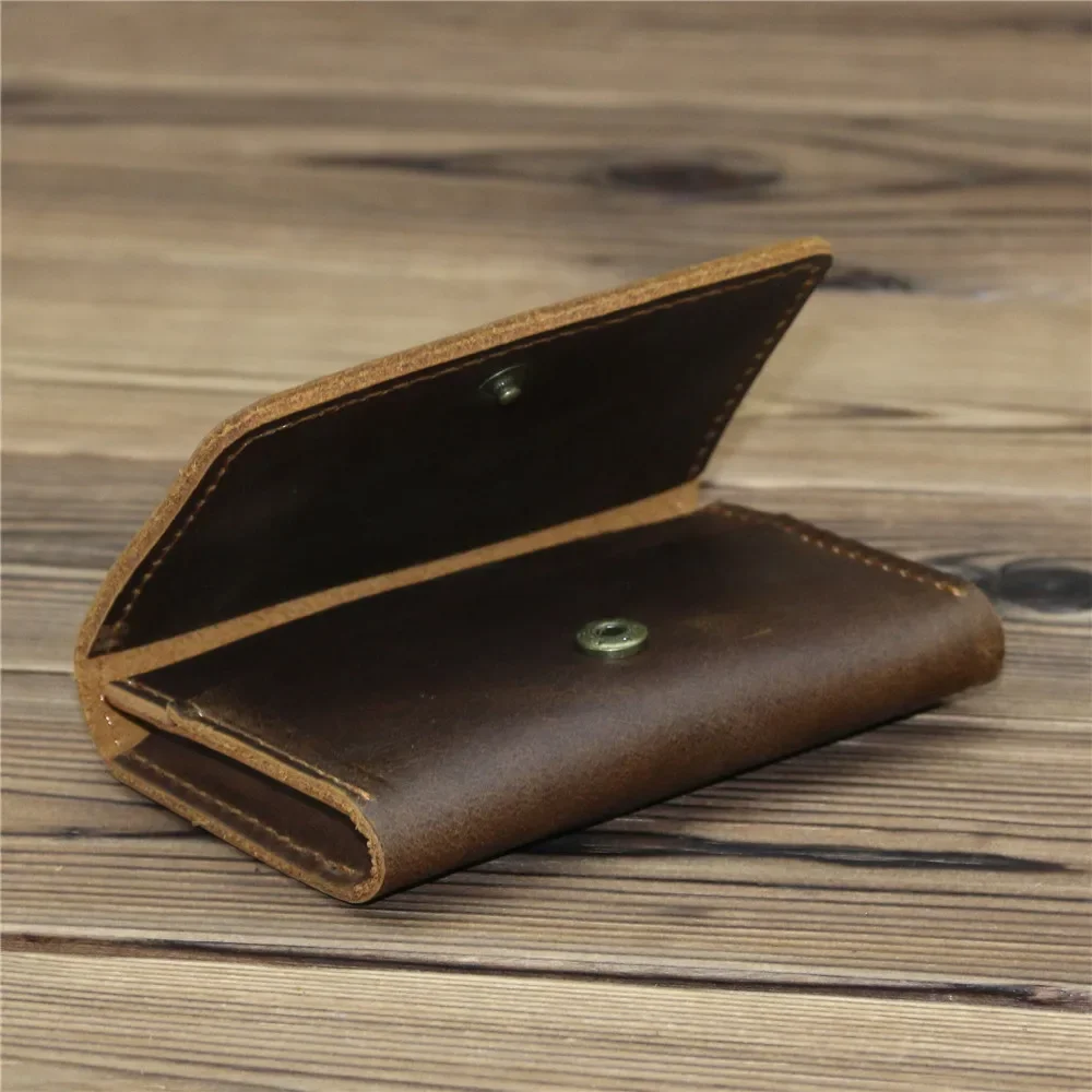 Porte-cartes rétro en cuir de cheval pour homme, marron vintage, 100% cuir de vachette, porte-cartes de crédit avec fermeture à bouton, sac à main