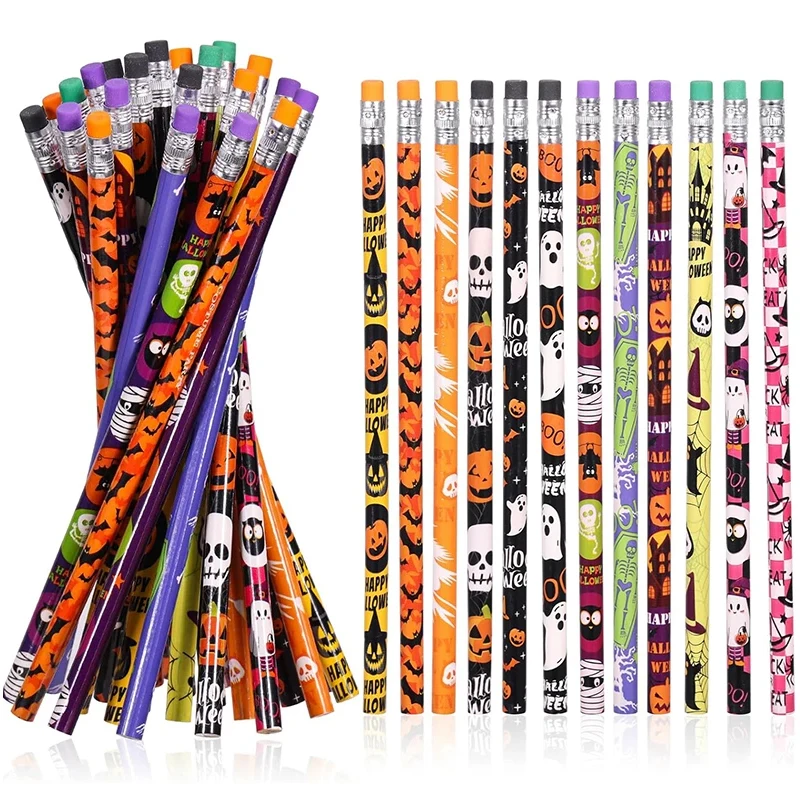 24Pcs Halloween Wooden Pencils Pumpkin Ghost Writing Pencil Kids Halloween Party Favors Trick or Treat Gifts Birthday Stationery