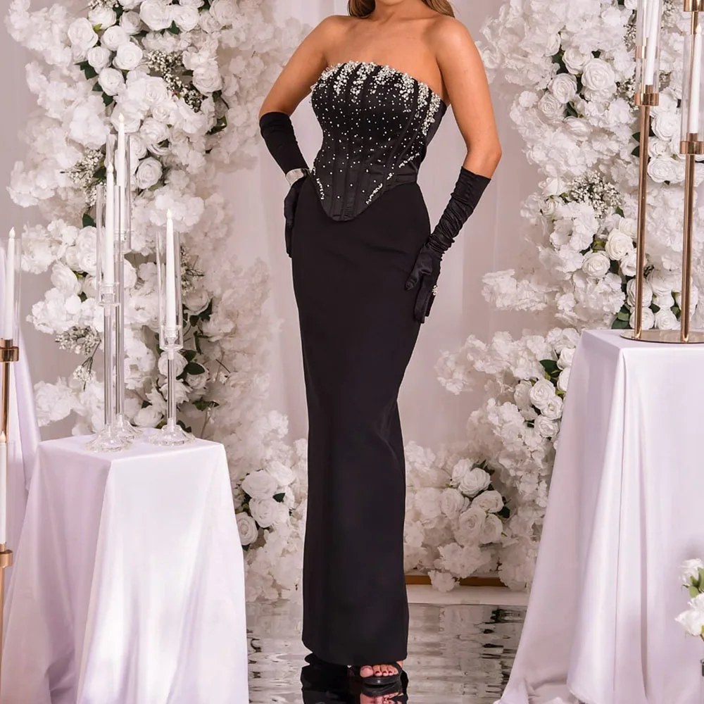 Vestidos de Noche acampanados personalizados hasta el tobillo, vestido de fiesta de media manga sin tirantes, vestido de fiesta sin espalda con cuentas de cristal a la moda