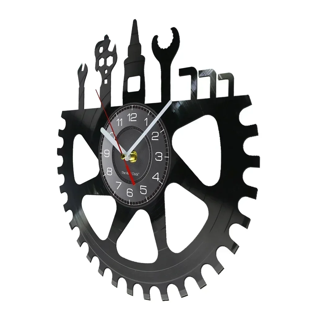 Bicycle Repair Gear Logo Vinyl Music Record Wall Clock Mechanic Living Room Decor Bike Shop Cycle Silent Quartz Clock Wall Watch