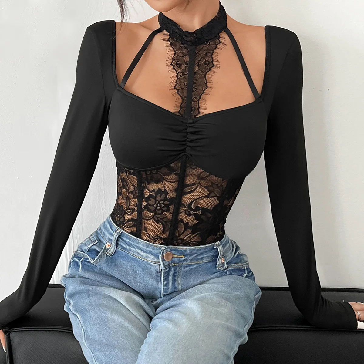 New Must-have Semi-transparent Tight Waist Lace Neck Fishbone Sexy Long-sleeved Onesie Women