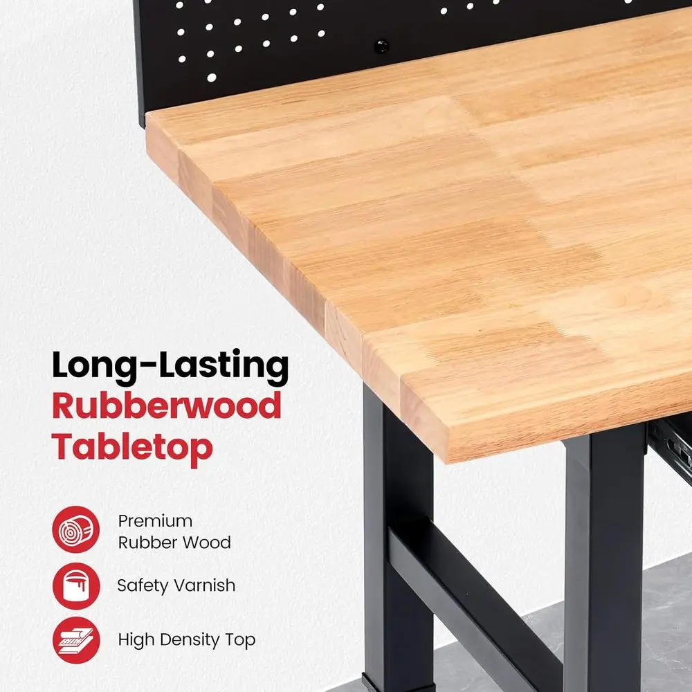 Work Bench with Wheels 60 x 22 Inch Heavy Duty Rubberwood Tabletop Work Table Adjustable Height Garage Workbench with LED, Ders,