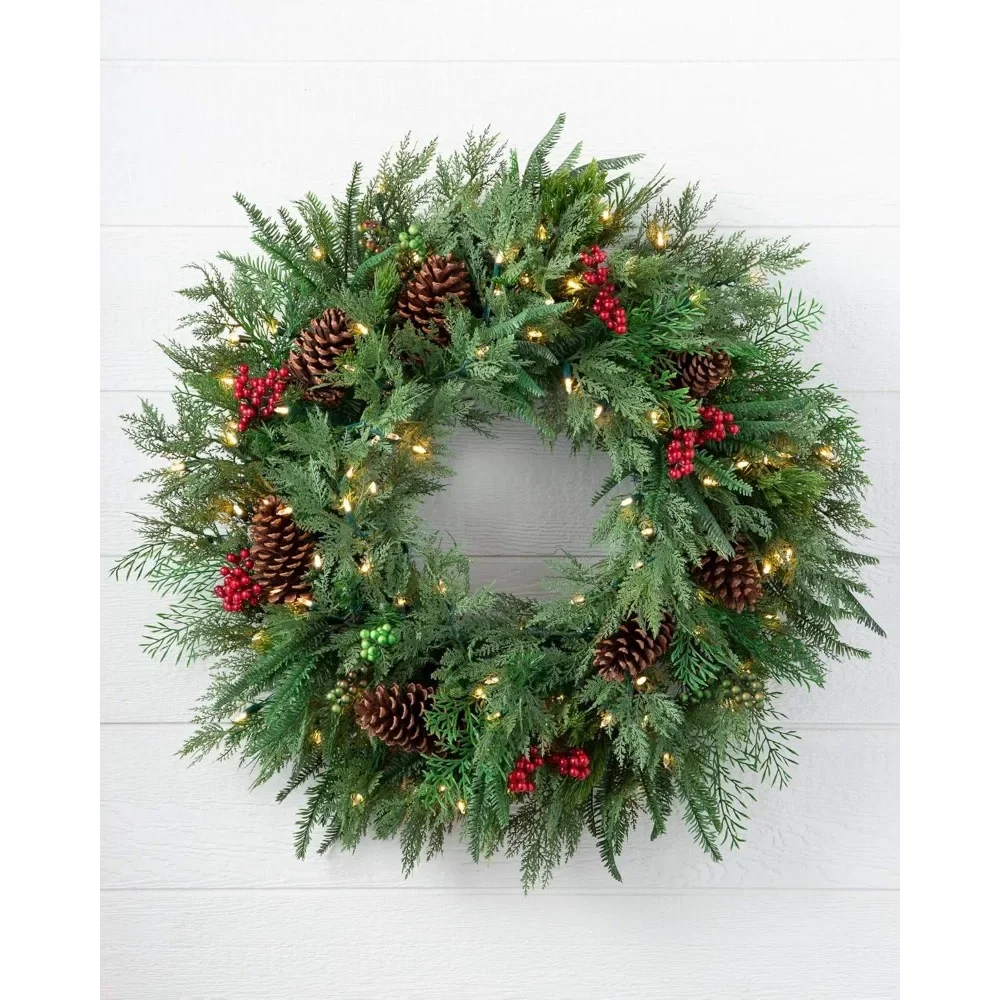 30 Inch Premium Prelit Winter Evergreen Holiday Artificial Christmas Wreath with Battery Powered Clear LED Lights