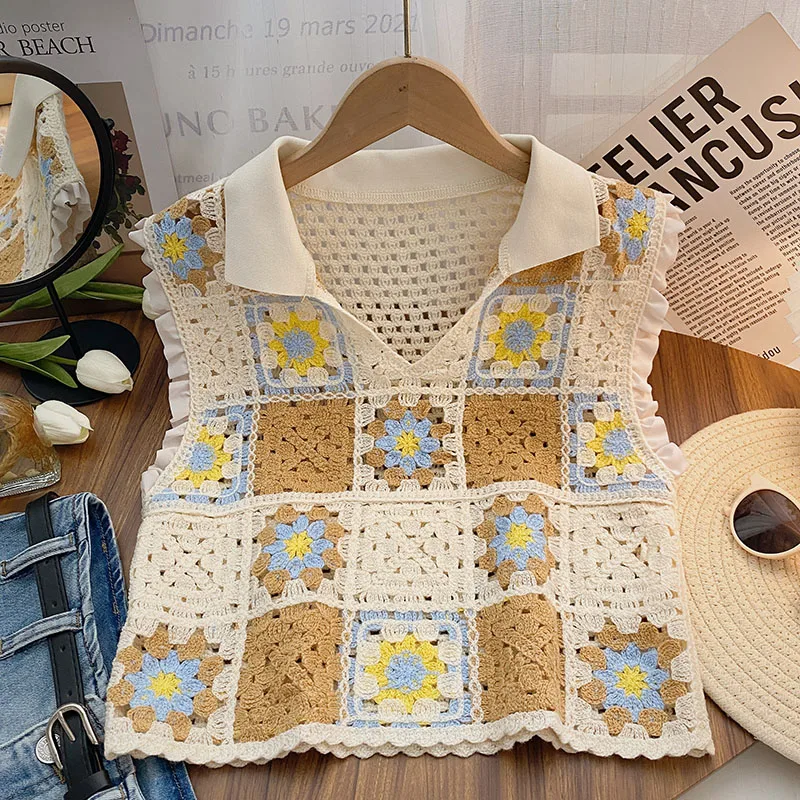 Granny Square Top Ruffled Trim Sleeveless Collared Open-knit Crochet Camis Tanks Blouse Women Teengirl Summer Fairycore Outfit