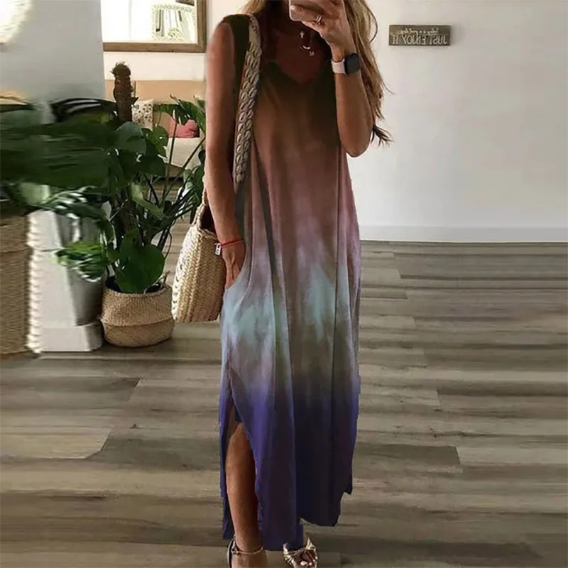 Women's V-neck Casual Loose Fashion Tie Dye Gradient Color Long Dresses Sleeveless Split Dress with Pockets Summer Beach Skirt