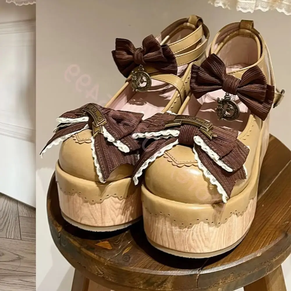 

Thick Sole Wood Grain Bow Mary Janes 2025 Summer New Sweet Cute Girl Wedge Lolita Shoes Round Toe Fashion Party Princess Shoes