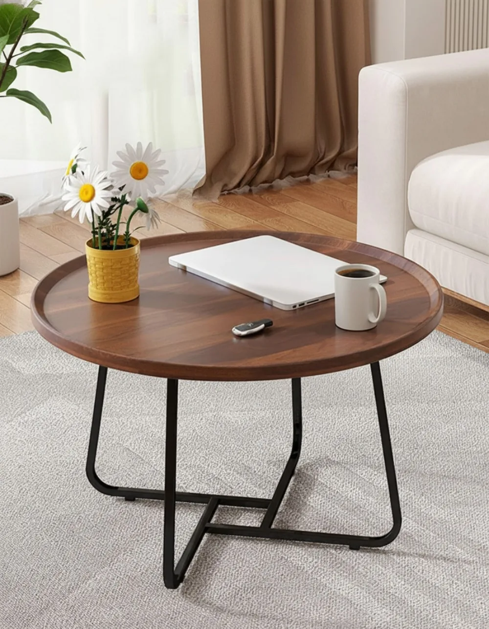 

20 Inch Round Coffee Table with Wooden Top and Metal Legs, Fluted Design for Living Room Bedroom Office