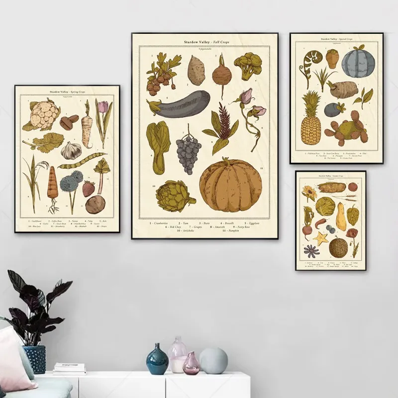 Stardew Valley – affiche de cultures saisonnières, toile d'art mural de jeu rétro imprimée, décor de dessin animé Vintage spécial ferme printemps été automne