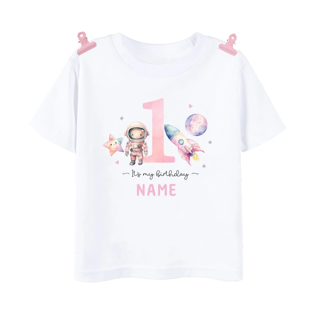 Personalized Astronaut Birthday T-Shirt Girls 1-9 Years Birthday Tee Shirt Custom Name Kids Shirts Girl Space Party Outfit Tops