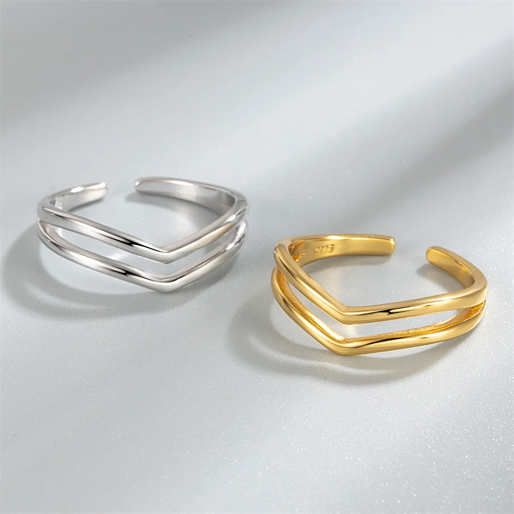 

Korean S925 Sterling Silver Ring, Minimalist Cool Style, Double-Layer Geometric Line Polished Versatile Open Silver Ring