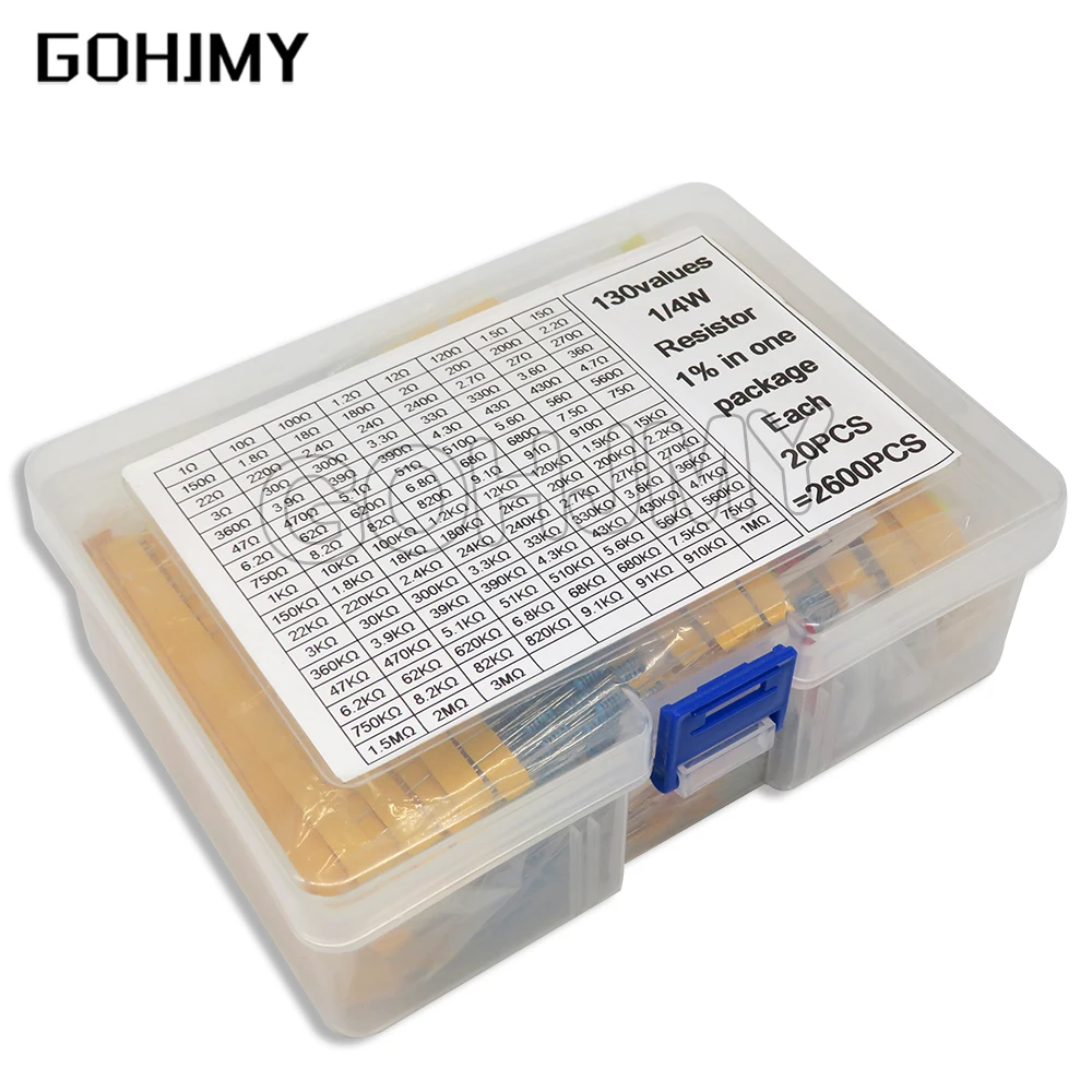 

2600PCS/LOT 130 Values 0.25W 1/4W 1% Metal Film Resistors Assorted Pack Kit Set Lot Resistors Assortment Kits Fixed Resistor