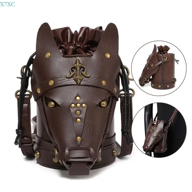 

X7XC Womens Medieval Vintage Horse Head PU Leather Crossbody Bag Shoulder Bucket Bag Drawstring for Costume Parties