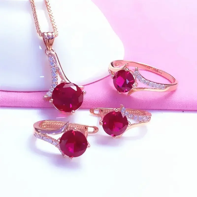 Inlaid Ruby Jewelry Sets Fashion High Quality Plated 14K Rose Gold Earrings for Women Necklace Wedding Jewelry