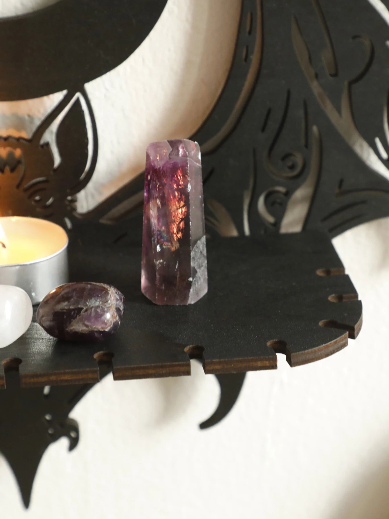 Black Wooden Wall Shelf Gothic Bat Moon Profiling Hollow Pattern Floating Shelf Crystal Holder Goth Home Decor Witch Room Decor