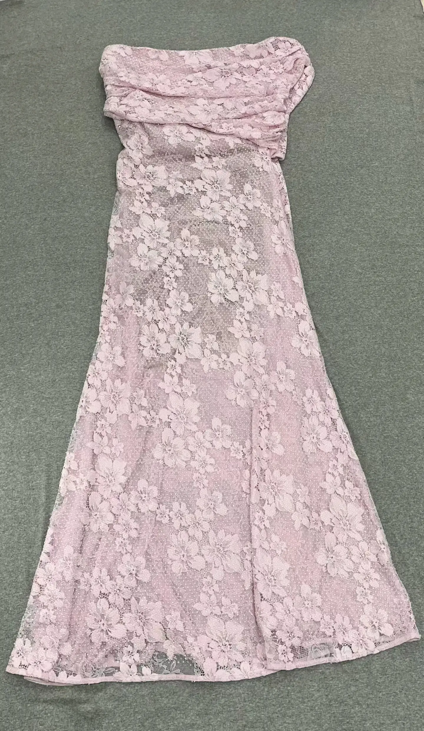 Women Lace rhinestone one shoulder sleeveless pink long dress
