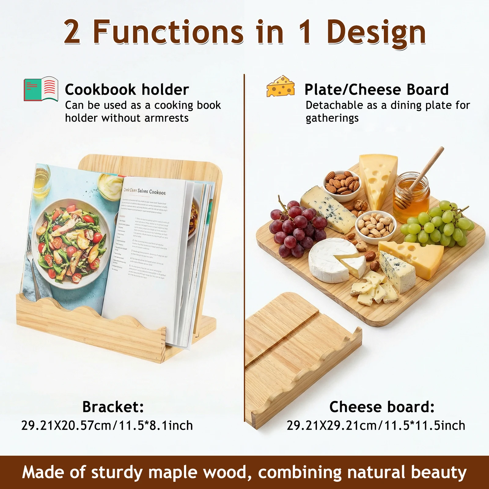 2 In 1 Scalloped Wooden Cookbook Stand with Removable Cutting Board Versatile Recipe Book Holder Charcuterie Board Kitchen Tools