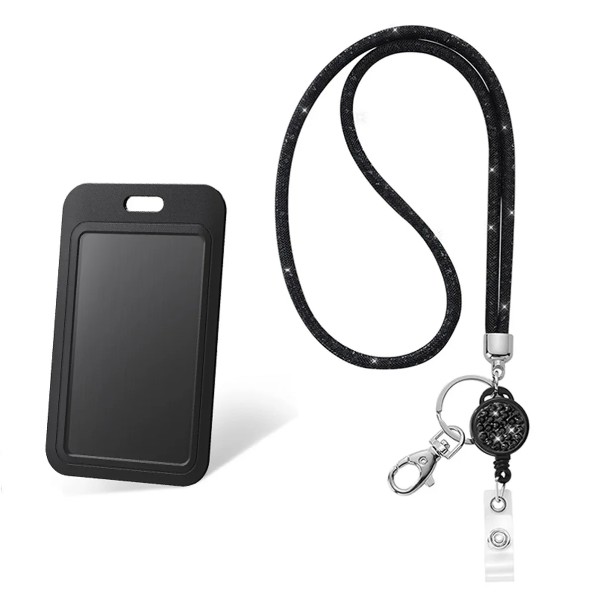 

ID Badge Holder with Lanyard Retractable Reel reel Set Black Card Holder Bank ID Holders Student Bus Card Cover for Women Men