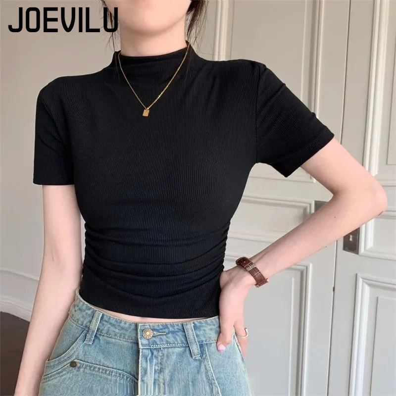 JOEVILU mezzo dolcevita Top a vita alta t-shirt pieghettata Babes coreano Slim Fit Crop Top donna grigio Y2k Tee estetica Undershirt