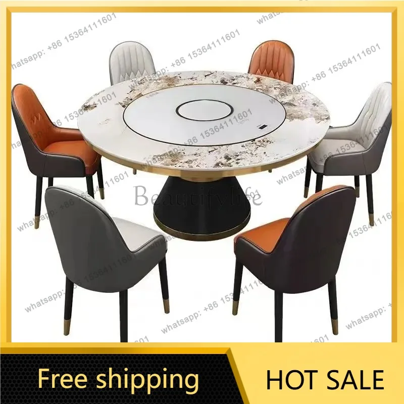 PG electric rotating rock slab round dining table and chairs embedded turntable induction cooker hot pot dining table