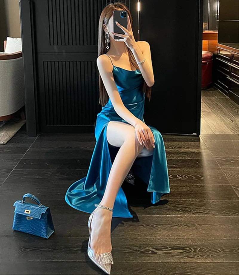 Neue 2025, Frühling Sommer Frauen Elegante Luxuriöse Hohe Schlitz Slip Kleid hohe streetwear sexy Acetat satin party kleid Vestidos