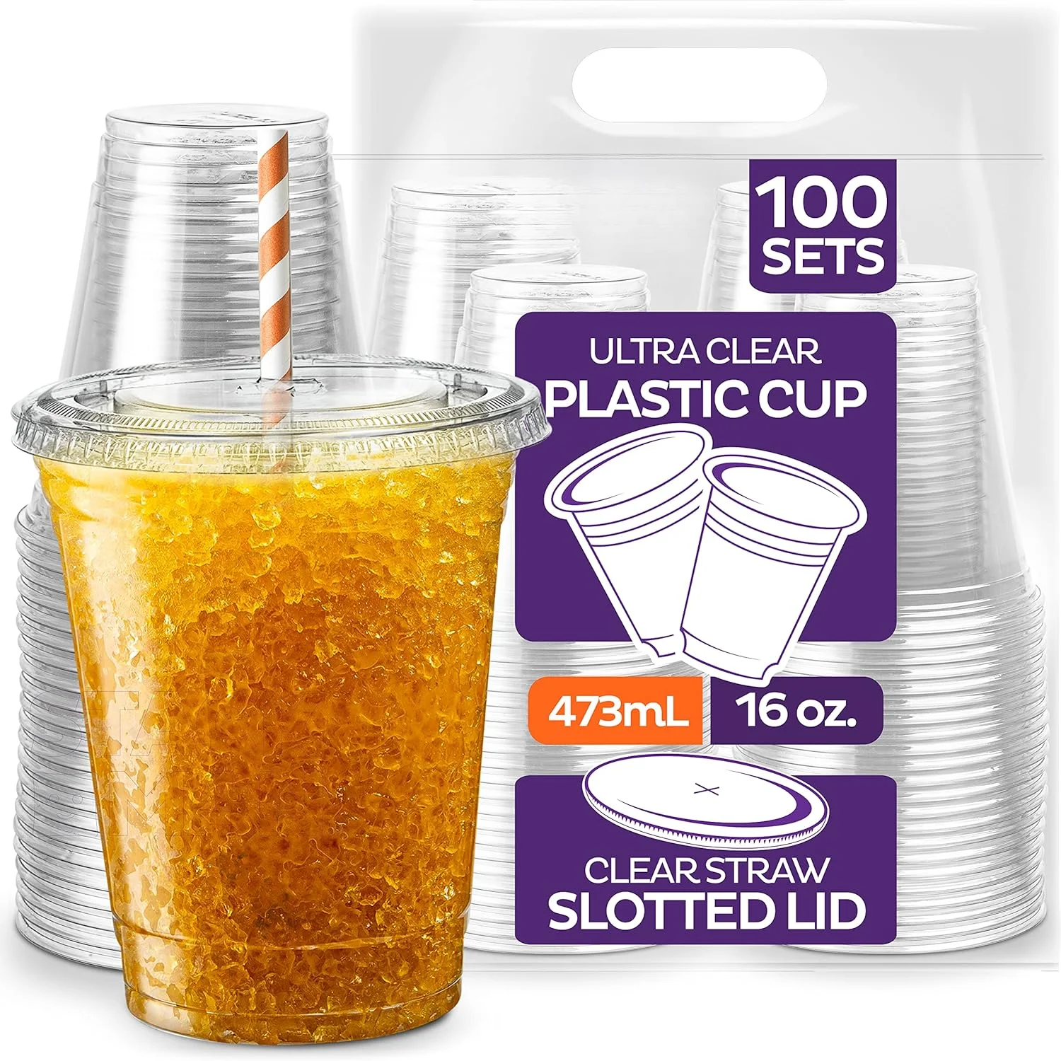 

16 oz Clear Plastic Cups with Straw-Slot Lids [100 Sets] Crystal Clear Disposable Cups with Lids - Durable Cup. for Coffee,Juice