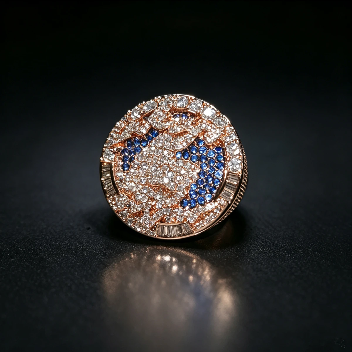 18K Rose Gold Bold Bling Statement Finger Rings Iced‑Out Hip Hop Championship Men Ring Fully Micro Paved Sparkling For Party Club Street Daily Nice Present For Male Friends Rap Culture Ornament Gift White Blue Zircon Stones Jewelry Heavy Rapper Accessory