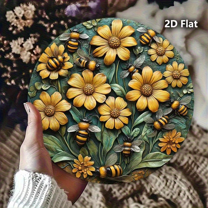 2D Flat, 8 Inch Round Vintage Bee & Wreath Metal Wall Decor - Rustic Aluminum Garden Sign with Yellow Flowers, Green Foliage & B