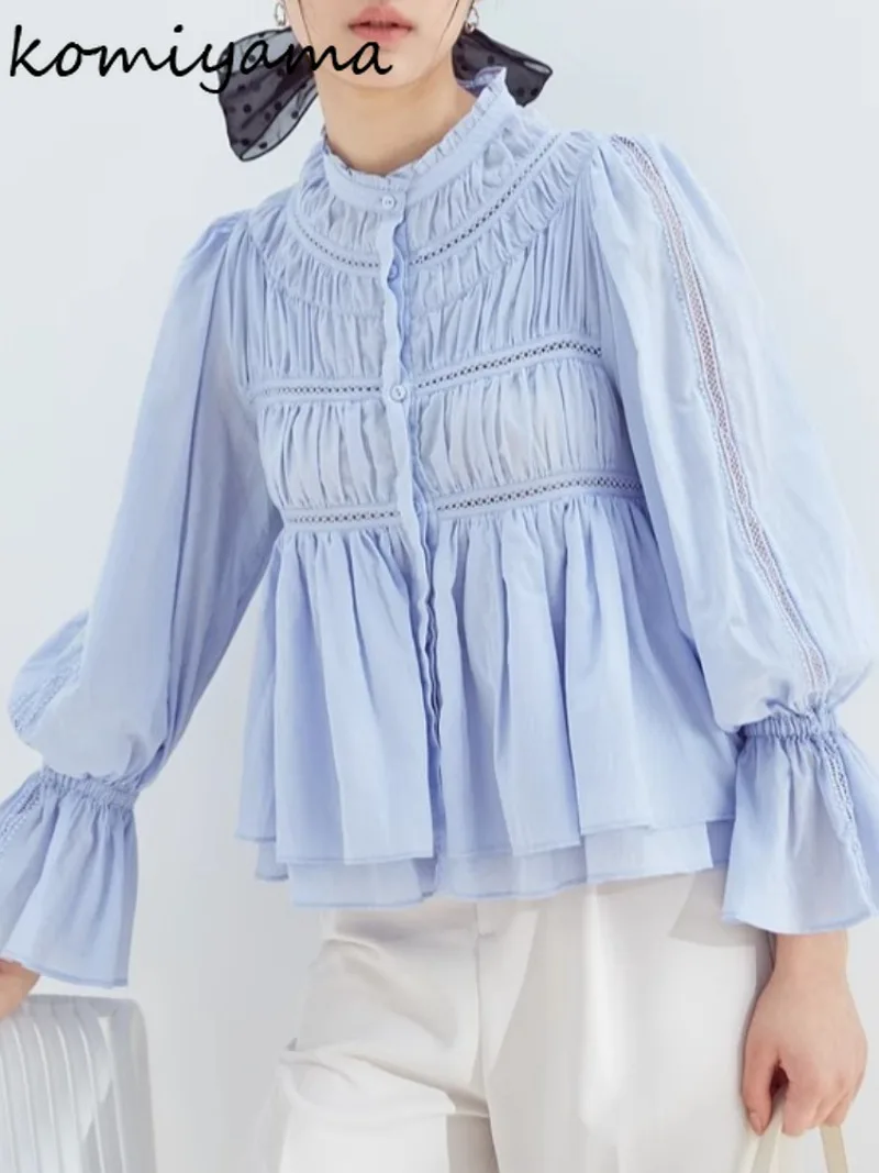 Flare Long Sleeve Shirts & Blouses Pleated Hollow Out Blusas Single Breasted Camisas Sweet Fuffles Ropa Mujer Spring Tops