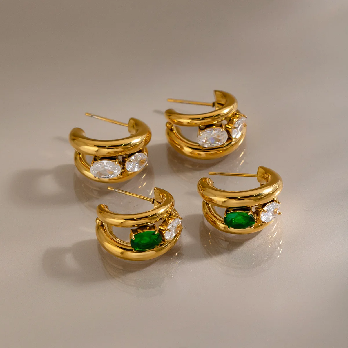Stainless Steel Double Layer C Shape Huggie Hoop Earrings for Women Waterproof Gold Plated Shiny CZ Zircon Ear Studs Jewelry