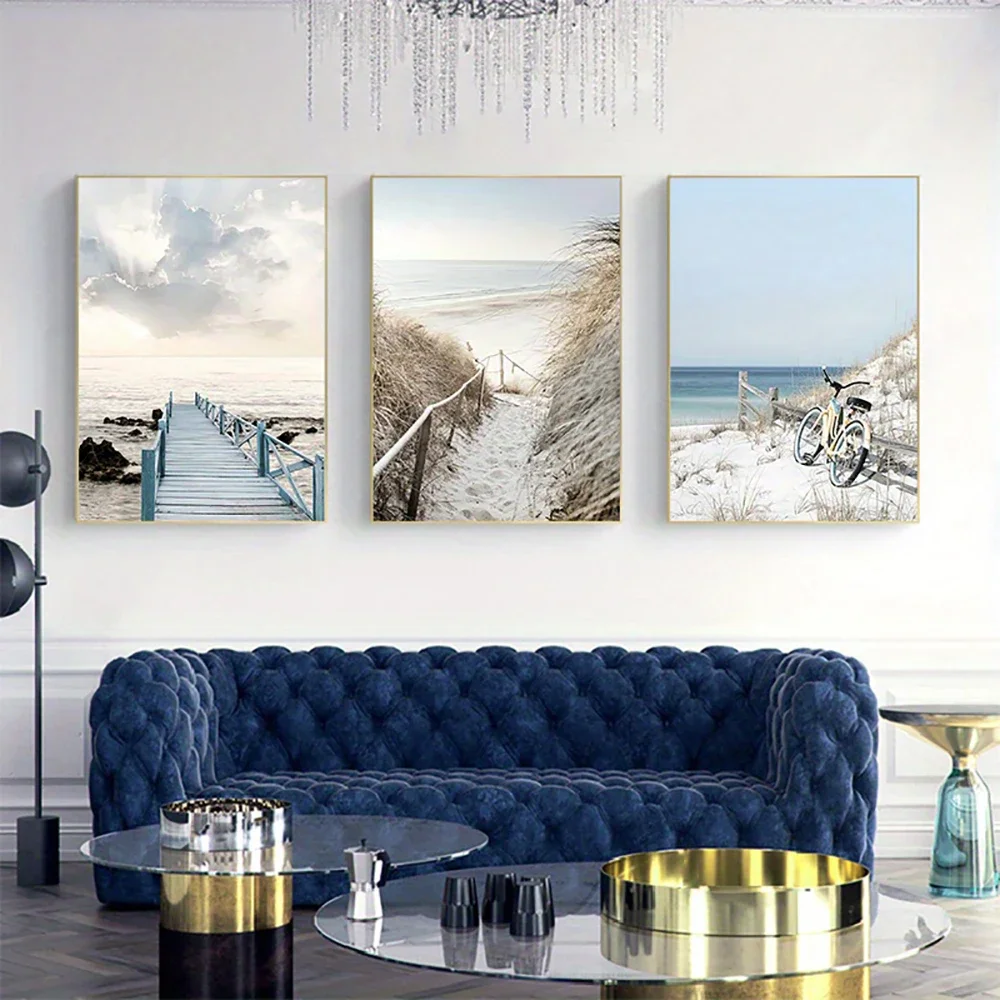 Large-sized frameless 3pcs  Nordic Seascape Beach Trestle Canvas Painting Nature Landscape Picture Home Decorative Poster and